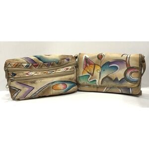 Vintage Sam Sam Hand Painted Genuine Leather Purse & Fanny Pack Matching Set